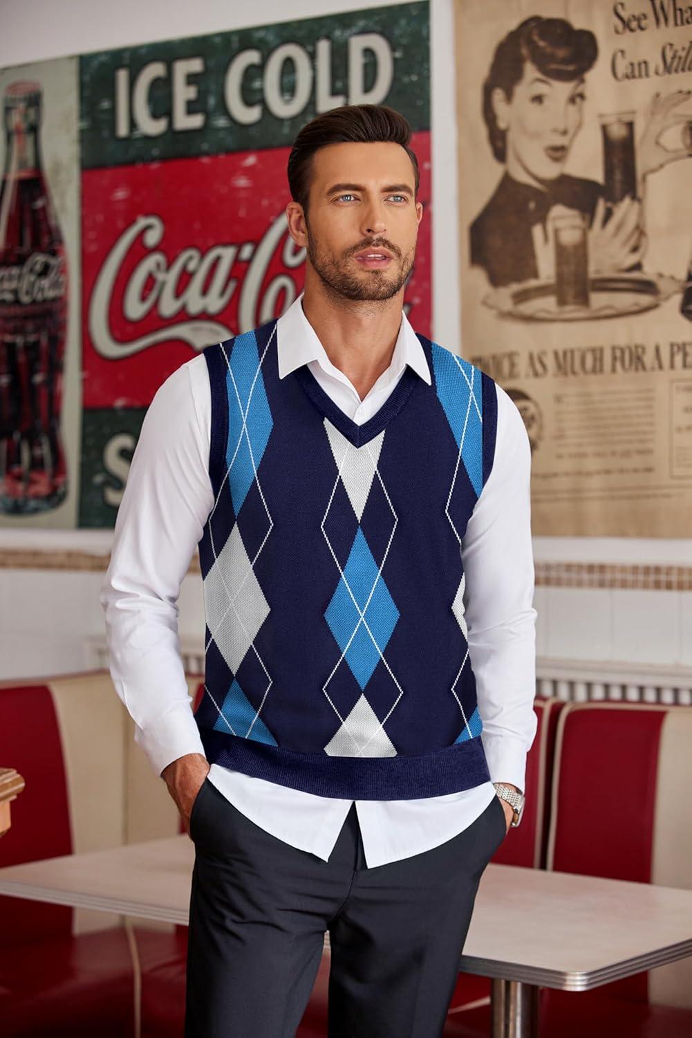 imageCOOFANDY Mens Sleeveless V Neck Pullover Sweater Slim Fit Casual Argyle Sweater VestGw263 Blue and Gray Plaid
