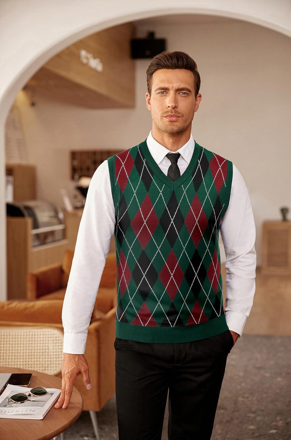 imageCOOFANDY Mens Sleeveless V Neck Pullover Sweater Slim Fit Casual Argyle Sweater VestGw345 Green and Black Plaid