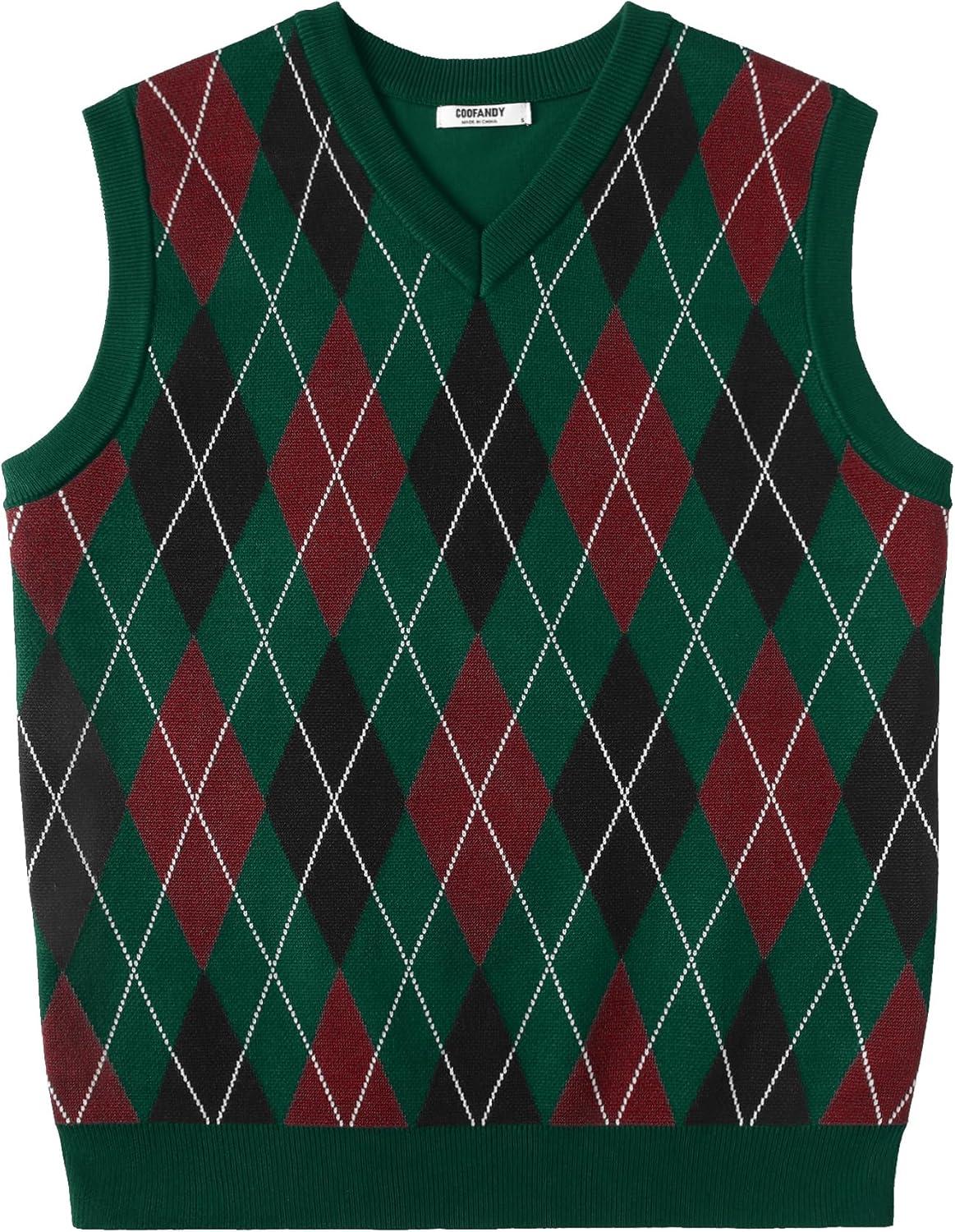 imageCOOFANDY Mens Sleeveless V Neck Pullover Sweater Slim Fit Casual Argyle Sweater VestGw345 Green and Black Plaid