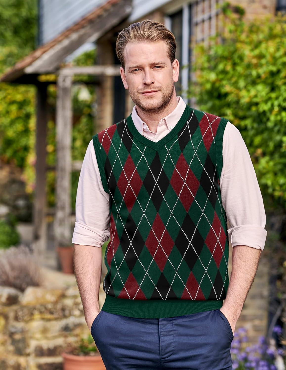 imageCOOFANDY Mens Sleeveless V Neck Pullover Sweater Slim Fit Casual Argyle Sweater VestGw345 Green and Black Plaid