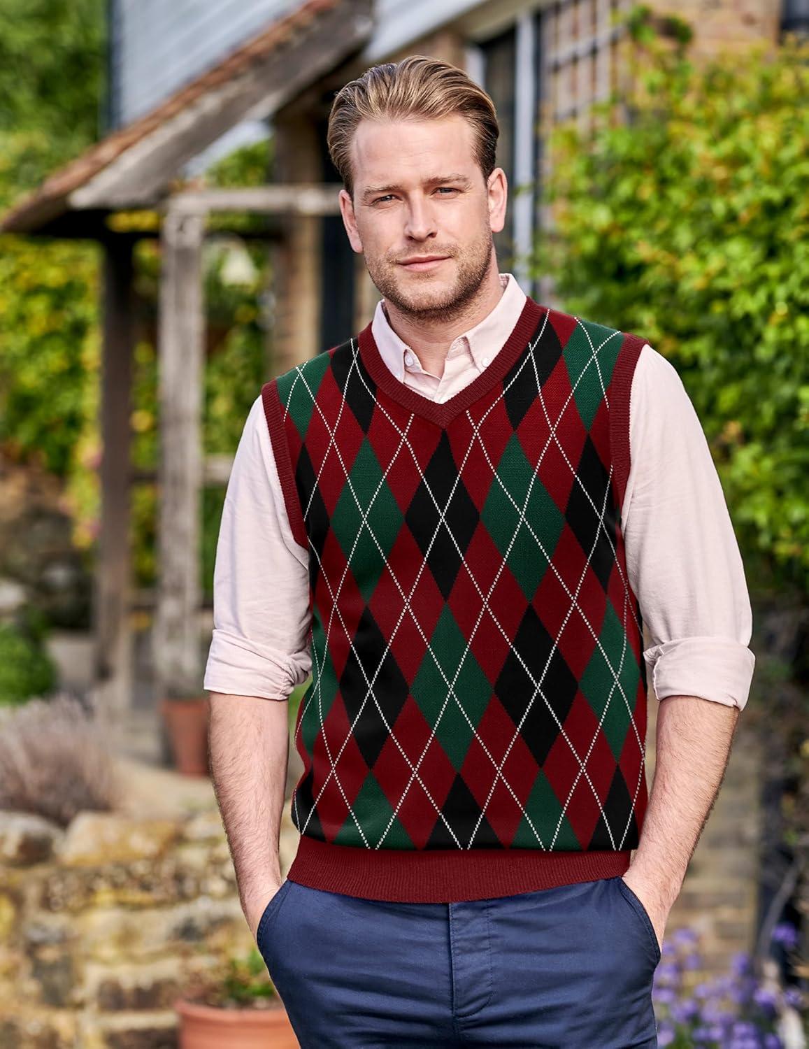 imageCOOFANDY Mens Sleeveless V Neck Pullover Sweater Slim Fit Casual Argyle Sweater VestGw346 Red and Black Plaid