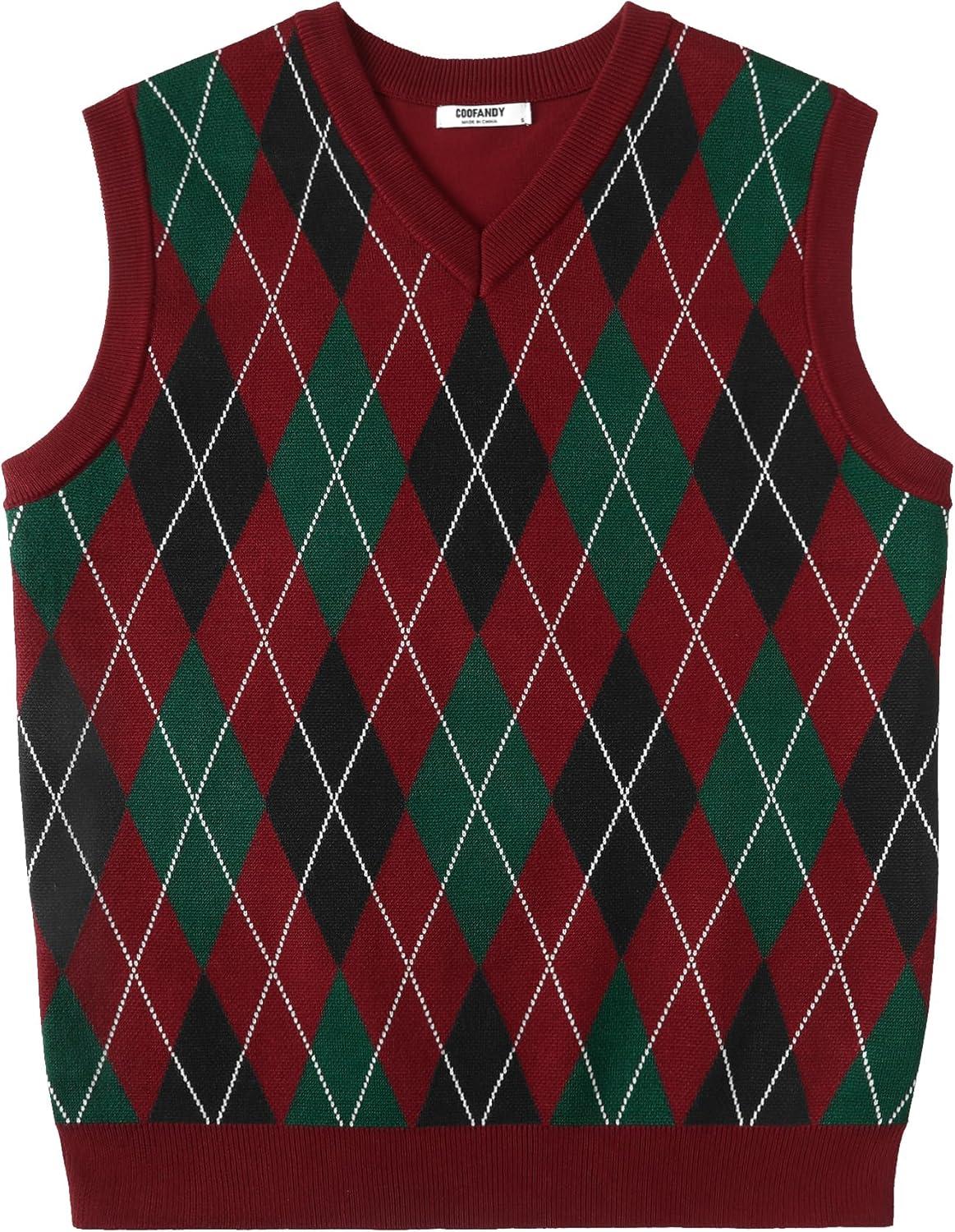 imageCOOFANDY Mens Sleeveless V Neck Pullover Sweater Slim Fit Casual Argyle Sweater VestGw346 Red and Black Plaid