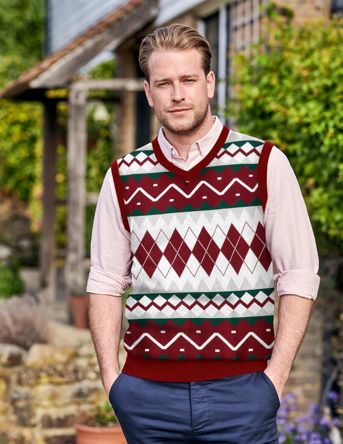 imageCOOFANDY Mens Sleeveless V Neck Pullover Sweater Slim Fit Casual Argyle Sweater VestGz981 Red and White Plaid