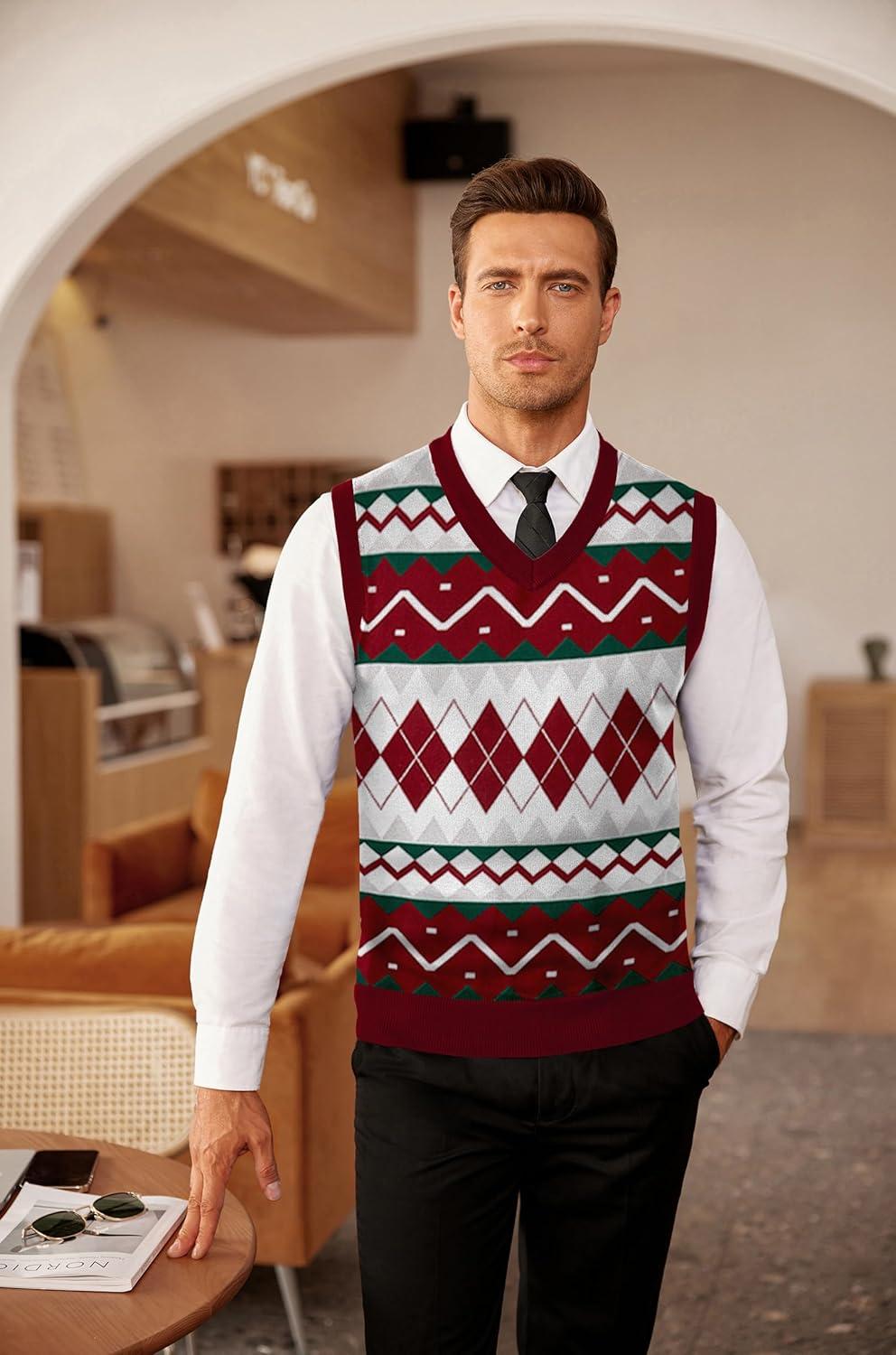imageCOOFANDY Mens Sleeveless V Neck Pullover Sweater Slim Fit Casual Argyle Sweater VestGz981 Red and White Plaid