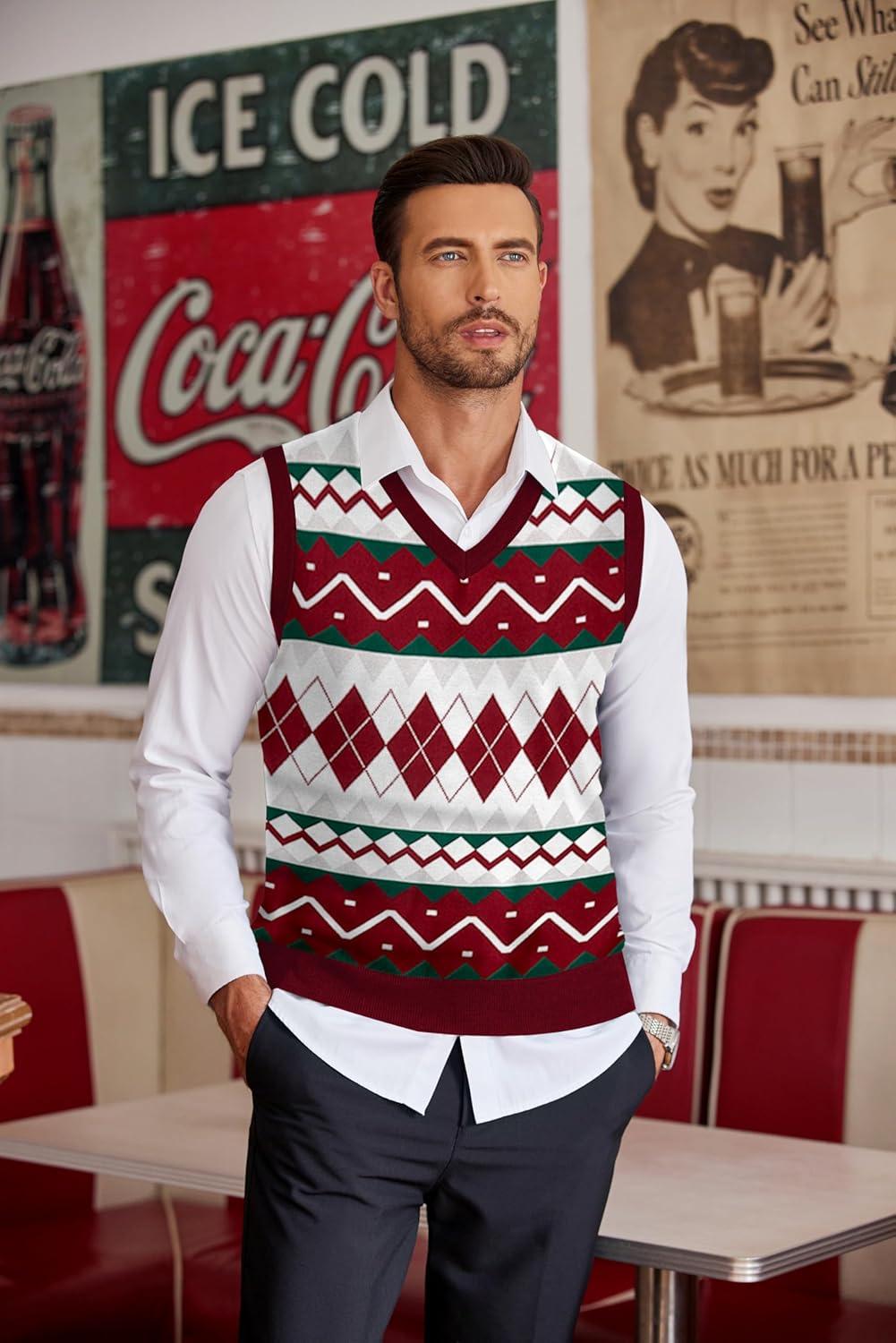 imageCOOFANDY Mens Sleeveless V Neck Pullover Sweater Slim Fit Casual Argyle Sweater VestGz981 Red and White Plaid