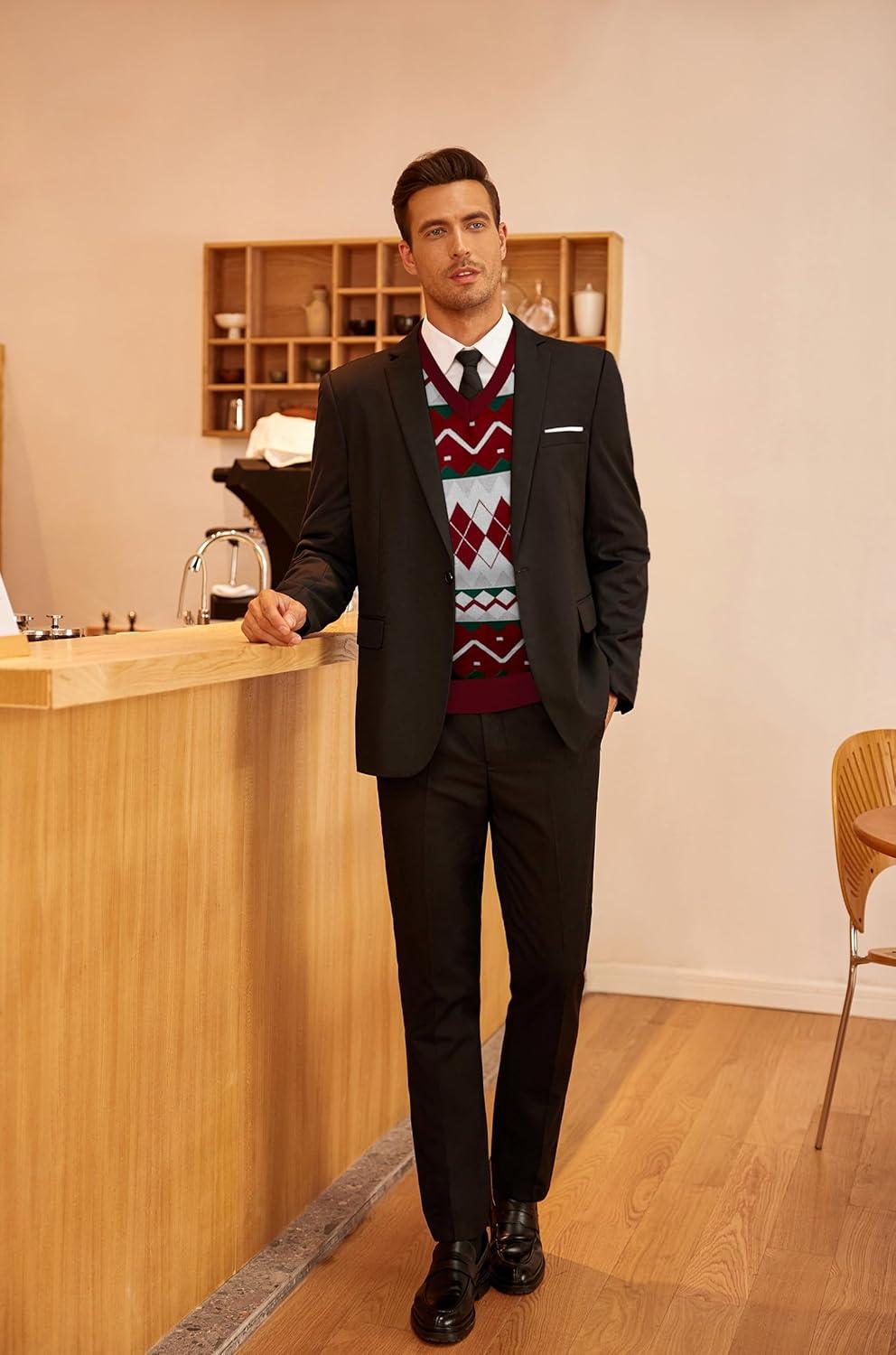 imageCOOFANDY Mens Sleeveless V Neck Pullover Sweater Slim Fit Casual Argyle Sweater VestGz981 Red and White Plaid