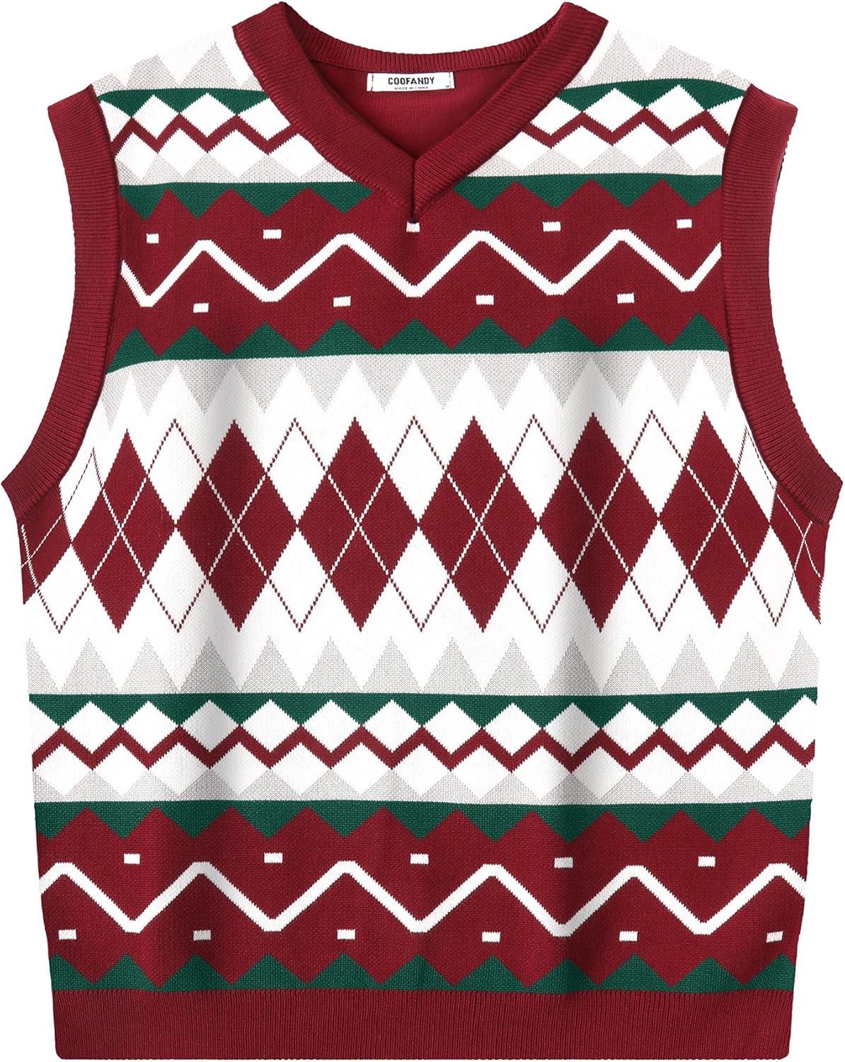 imageCOOFANDY Mens Sleeveless V Neck Pullover Sweater Slim Fit Casual Argyle Sweater VestGz981 Red and White Plaid