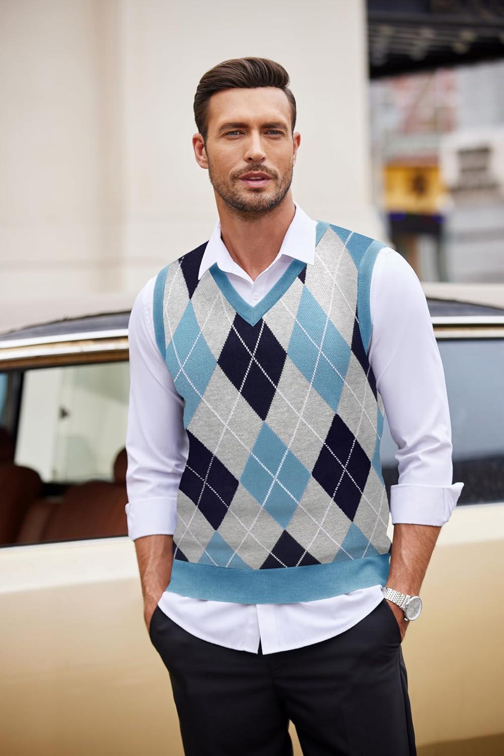 imageCOOFANDY Mens Sleeveless V Neck Pullover Sweater Slim Fit Casual Argyle Sweater VestLight Blue