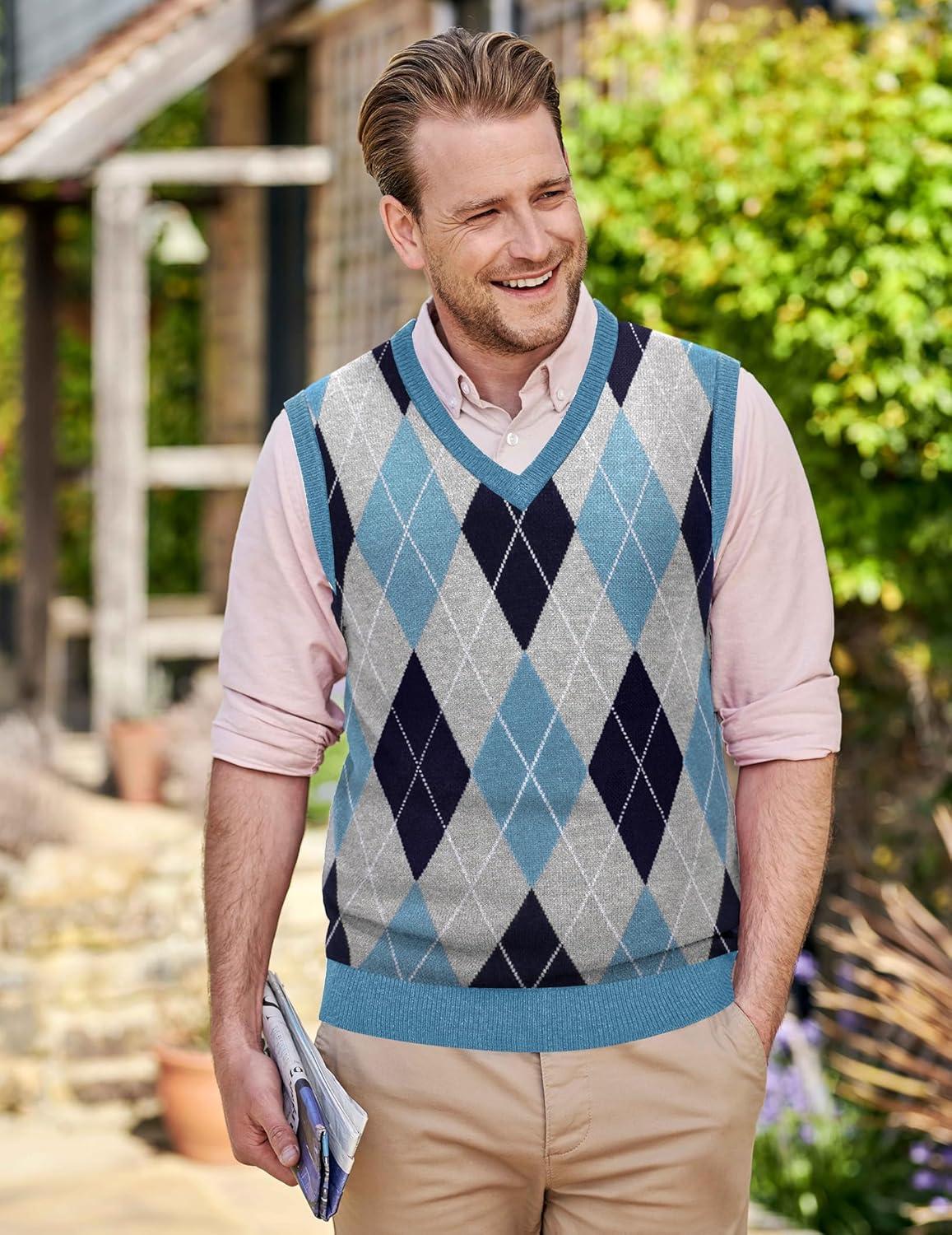 imageCOOFANDY Mens Sleeveless V Neck Pullover Sweater Slim Fit Casual Argyle Sweater VestLight Blue