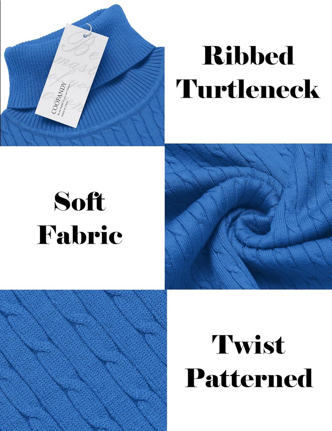 imageCOOFANDY Mens Slim Fit Turtleneck Sweater Casual Twist Patterned Pullover Knitted SweatersBlue