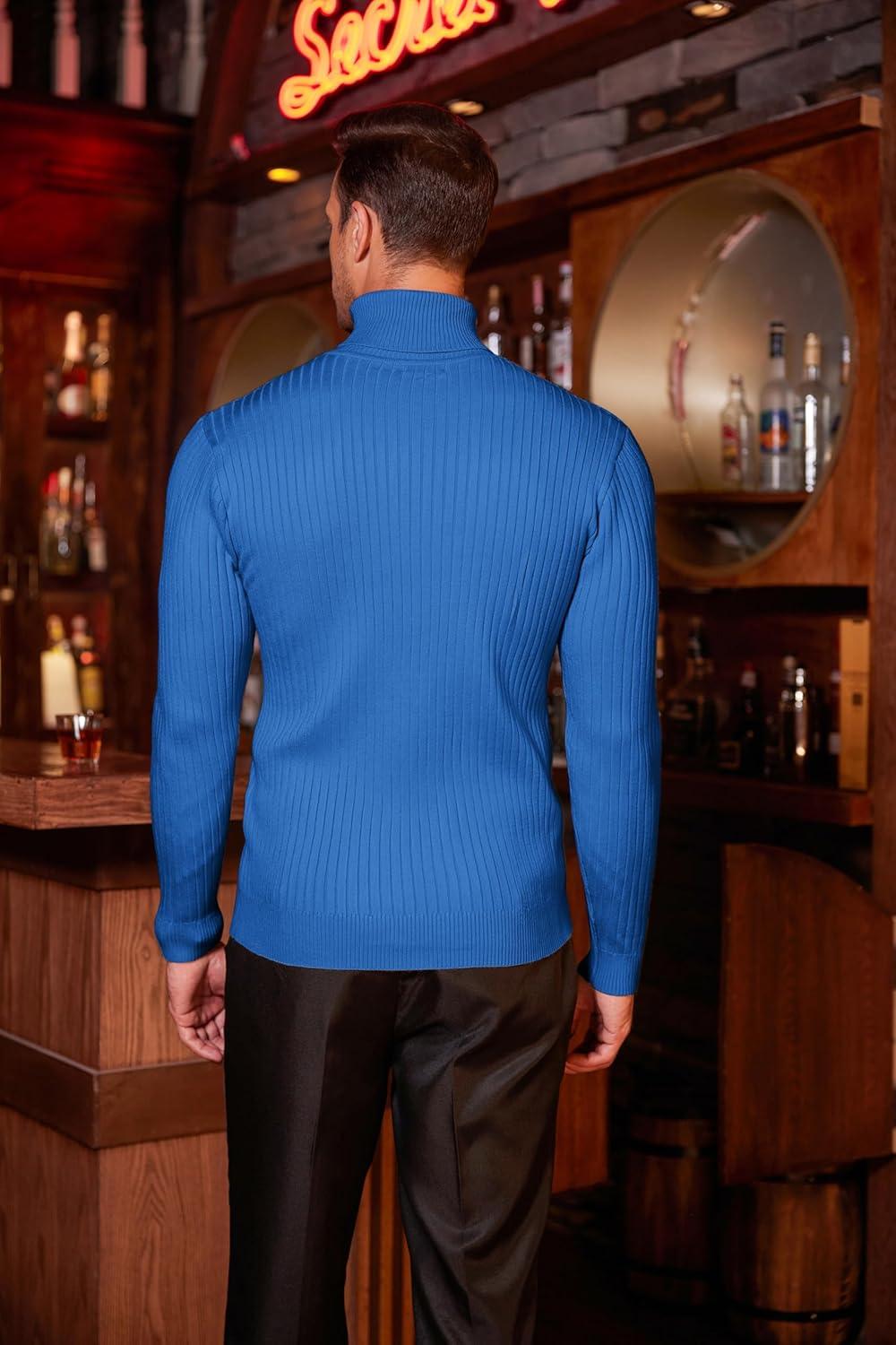 imageCOOFANDY Mens Slim Fit Turtleneck Sweater Casual Twist Patterned Pullover Knitted SweatersBlue