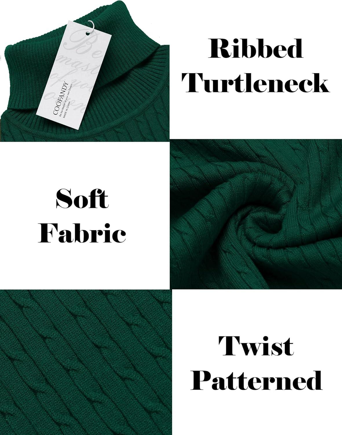 imageCOOFANDY Mens Slim Fit Turtleneck Sweater Casual Twist Patterned Pullover Knitted SweatersGreen