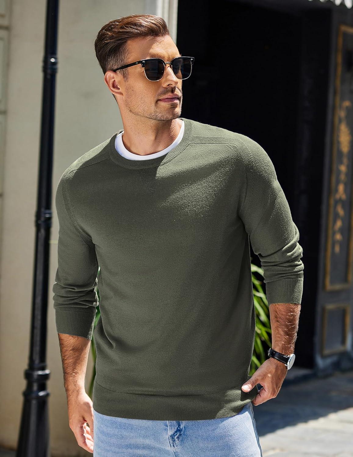 imageCOOFANDY Mens Sweater Crewneck Pullover Long Sleeve Lightweight Sweater Plain Knit Silm FitArmy Green