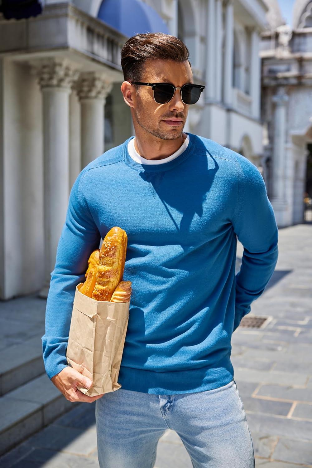 imageCOOFANDY Mens Sweater Crewneck Pullover Long Sleeve Lightweight Sweater Plain Knit Silm FitDark Blue