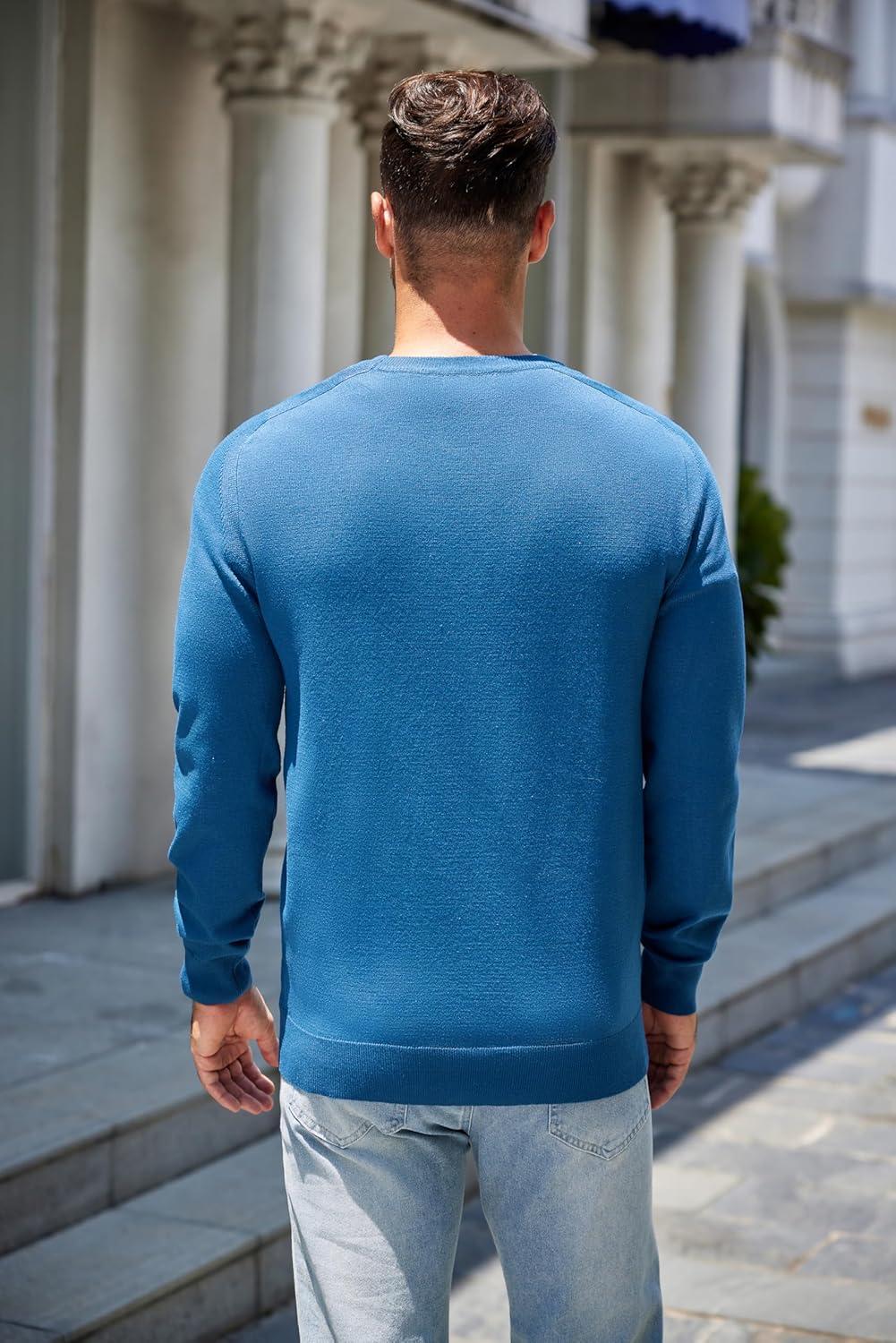 imageCOOFANDY Mens Sweater Crewneck Pullover Long Sleeve Lightweight Sweater Plain Knit Silm FitDark Blue
