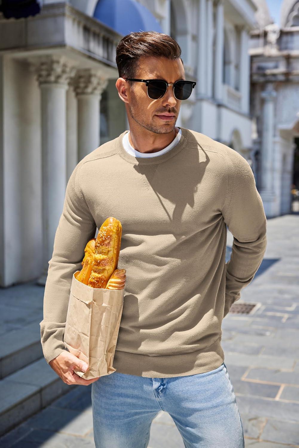 imageCOOFANDY Mens Sweater Crewneck Pullover Long Sleeve Lightweight Sweater Plain Knit Silm FitKhaki