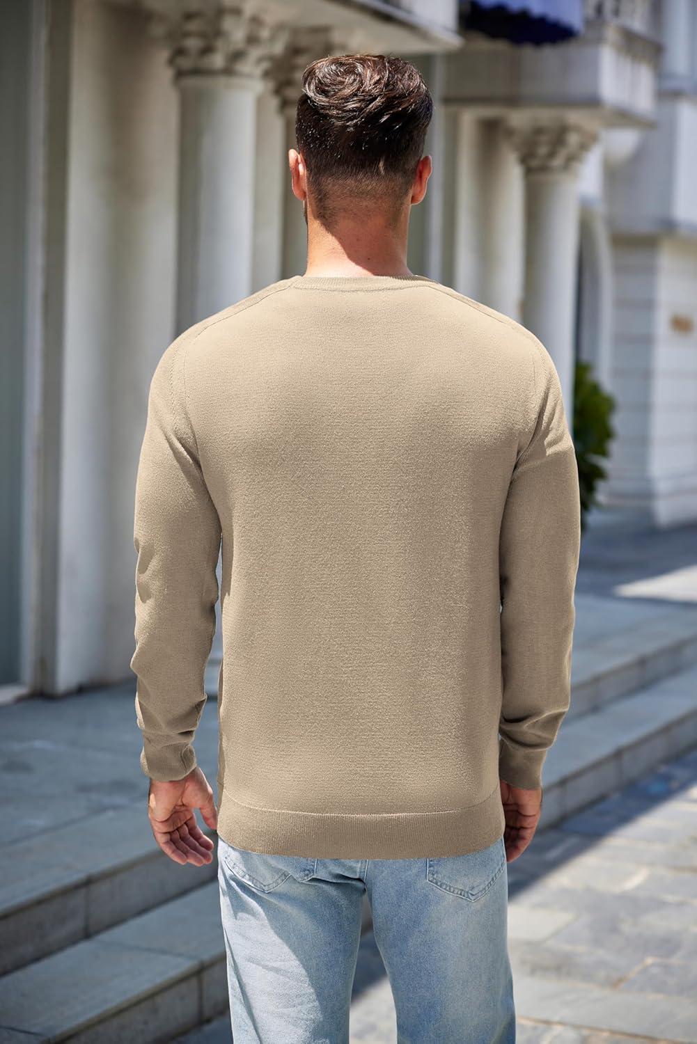 imageCOOFANDY Mens Sweater Crewneck Pullover Long Sleeve Lightweight Sweater Plain Knit Silm FitKhaki