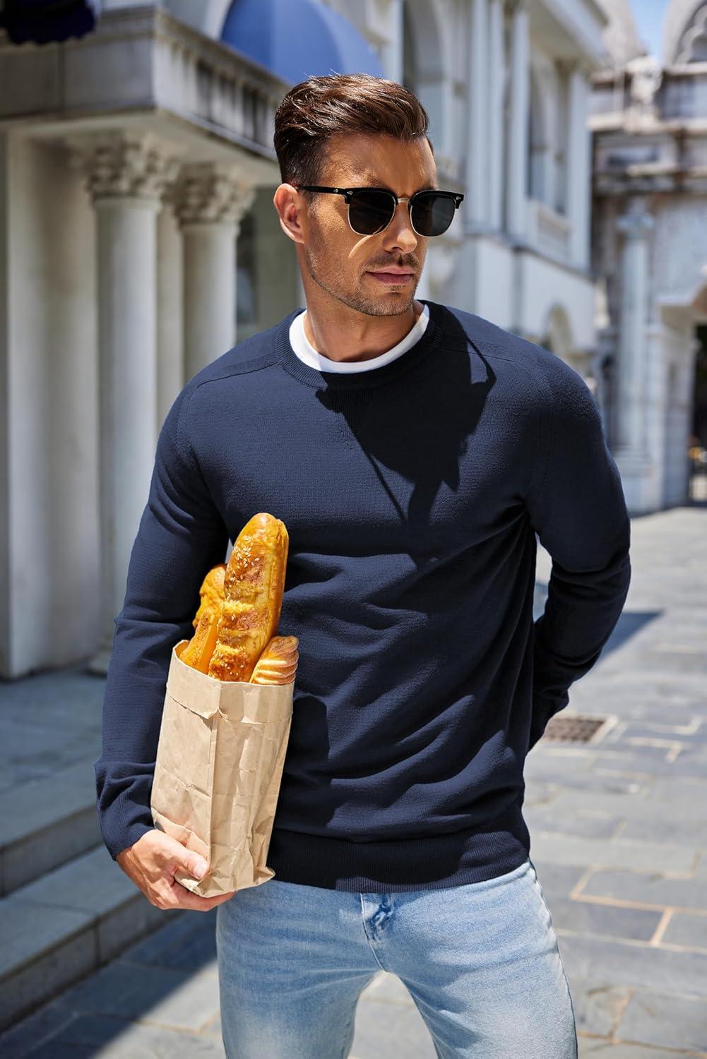 imageCOOFANDY Mens Sweater Crewneck Pullover Long Sleeve Lightweight Sweater Plain Knit Silm FitNavy Blue