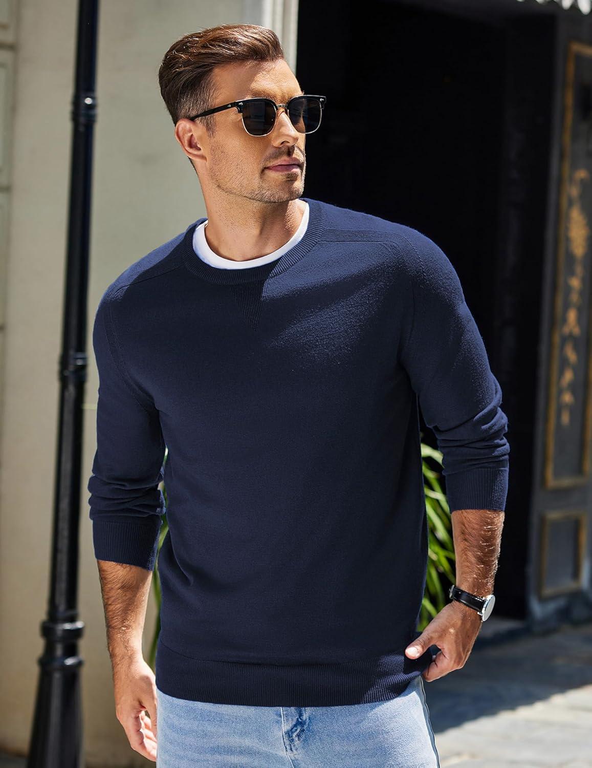 imageCOOFANDY Mens Sweater Crewneck Pullover Long Sleeve Lightweight Sweater Plain Knit Silm FitNavy Blue