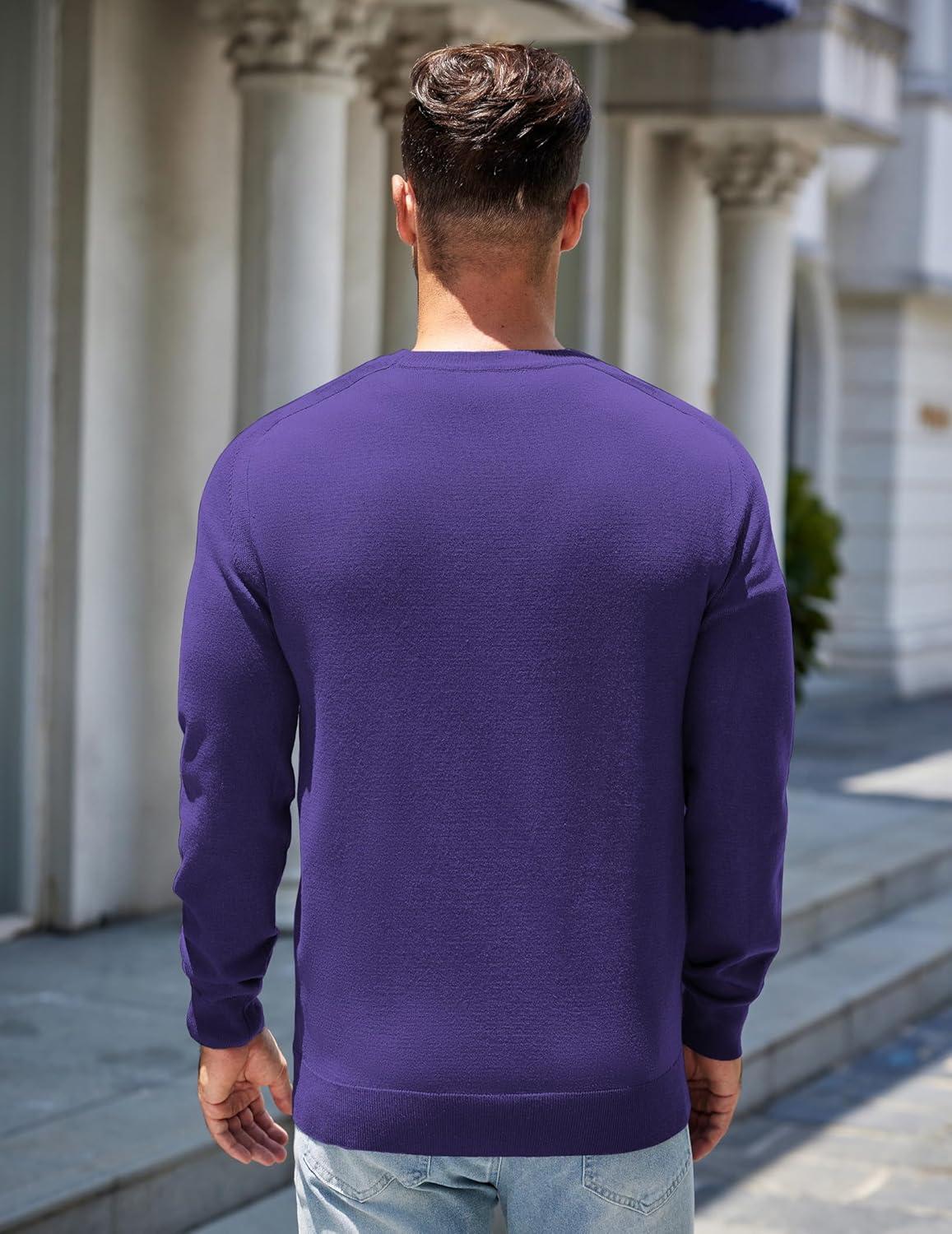 imageCOOFANDY Mens Sweater Crewneck Pullover Long Sleeve Lightweight Sweater Plain Knit Silm FitPurple