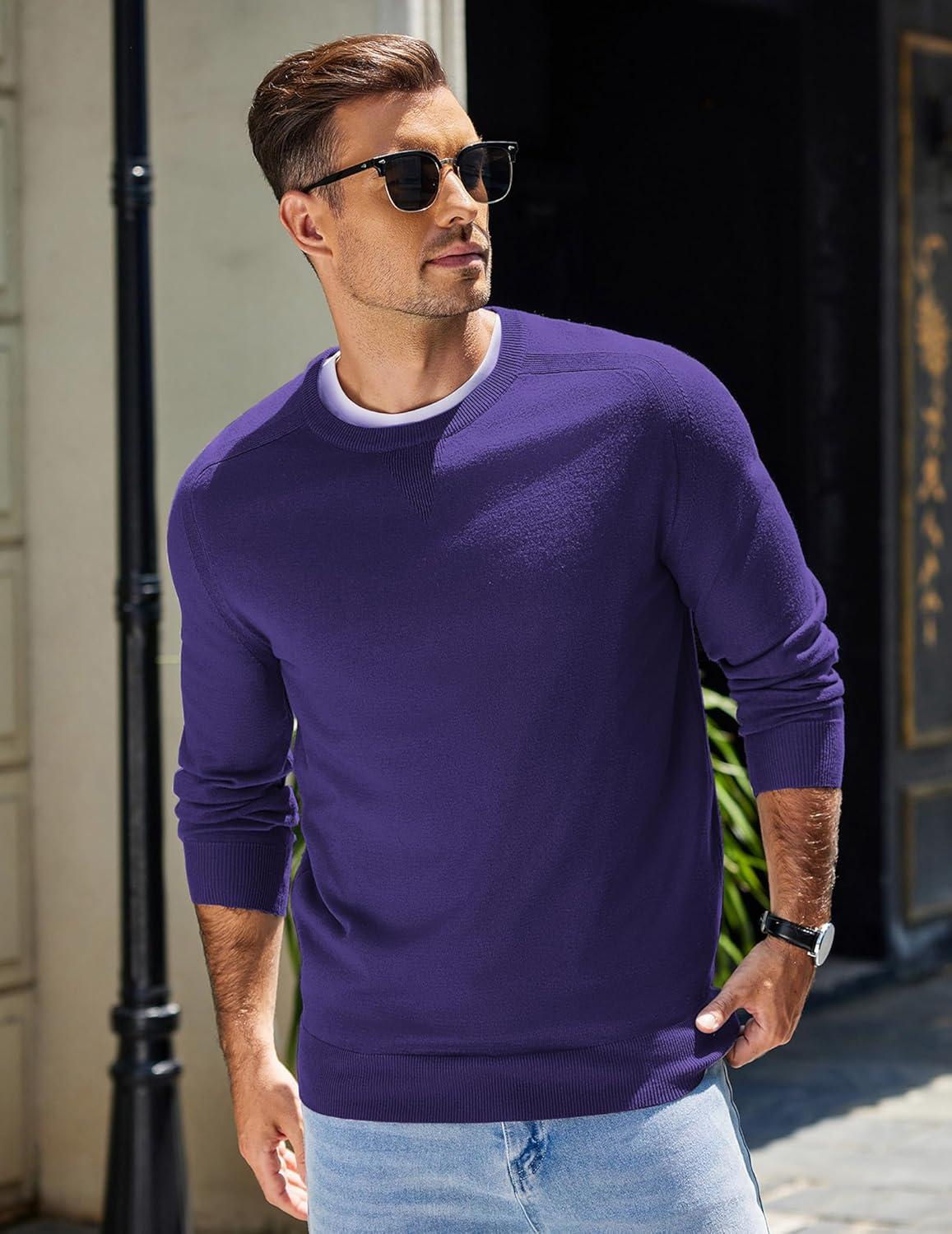 imageCOOFANDY Mens Sweater Crewneck Pullover Long Sleeve Lightweight Sweater Plain Knit Silm FitPurple