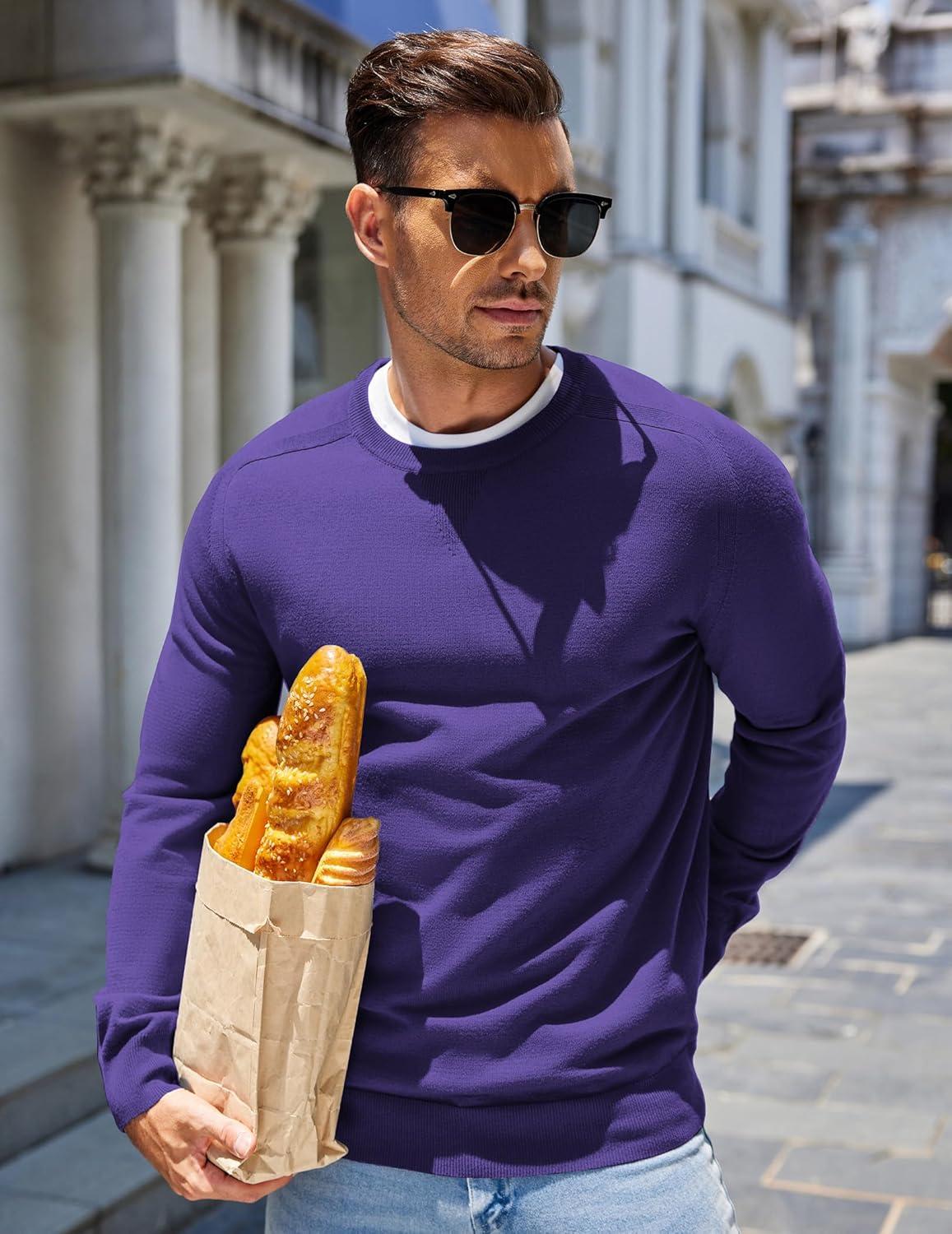 imageCOOFANDY Mens Sweater Crewneck Pullover Long Sleeve Lightweight Sweater Plain Knit Silm FitPurple