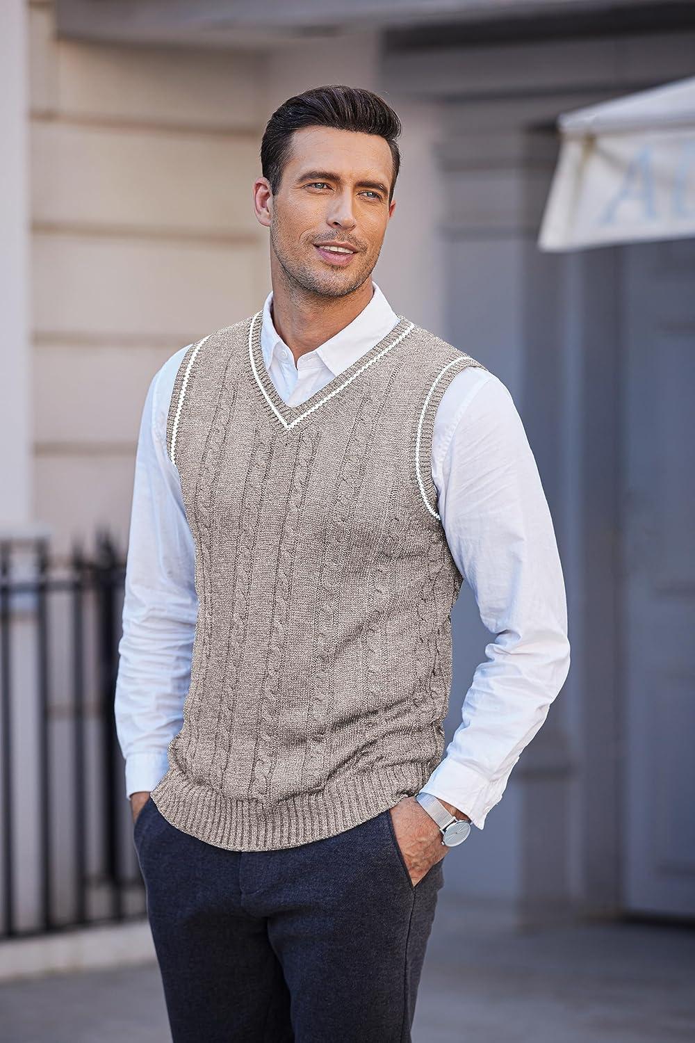 imageCOOFANDY Mens Sweater Vest V Neck Slim Fit Casual Sleeveless Twisted Knitted Pullover SweaterBrownWhite Two Tone Colors