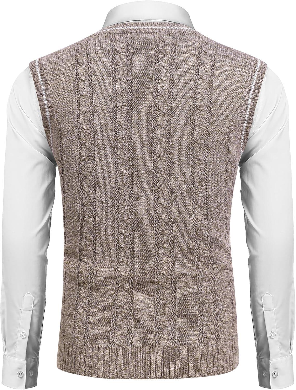 imageCOOFANDY Mens Sweater Vest V Neck Slim Fit Casual Sleeveless Twisted Knitted Pullover SweaterBrownWhite Two Tone Colors