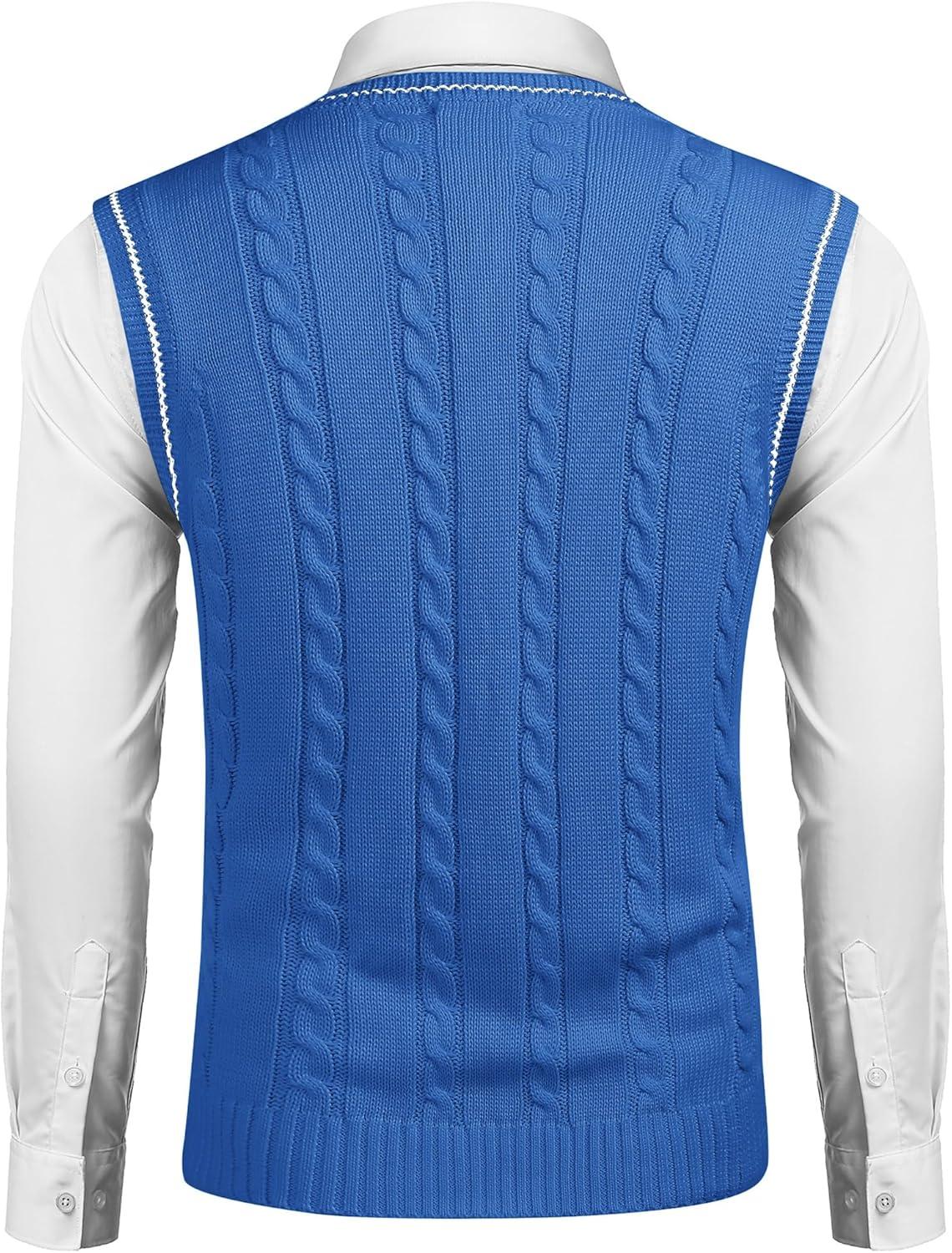imageCOOFANDY Mens Sweater Vest V Neck Slim Fit Casual Sleeveless Twisted Knitted Pullover SweaterDenim Blue