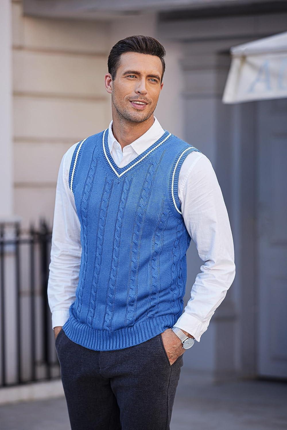 imageCOOFANDY Mens Sweater Vest V Neck Slim Fit Casual Sleeveless Twisted Knitted Pullover SweaterDenim Blue