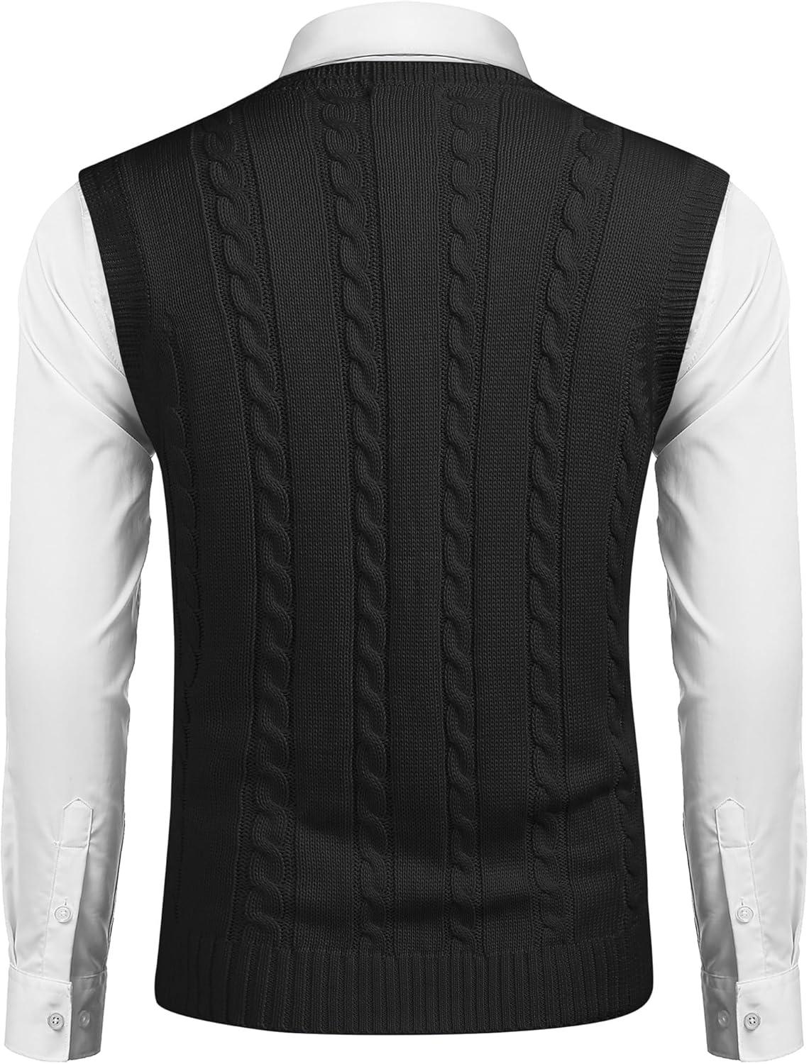 imageCOOFANDY Mens Sweater Vest V Neck Slim Fit Casual Sleeveless Twisted Knitted Pullover SweaterSolid Black