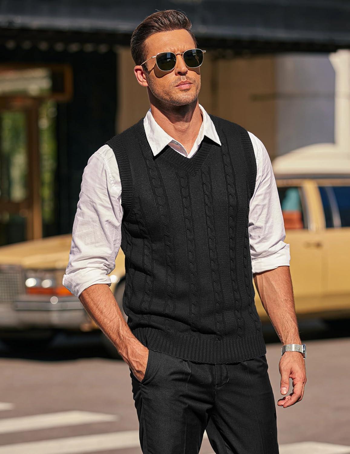 imageCOOFANDY Mens Sweater Vest V Neck Slim Fit Casual Sleeveless Twisted Knitted Pullover SweaterSolid Black
