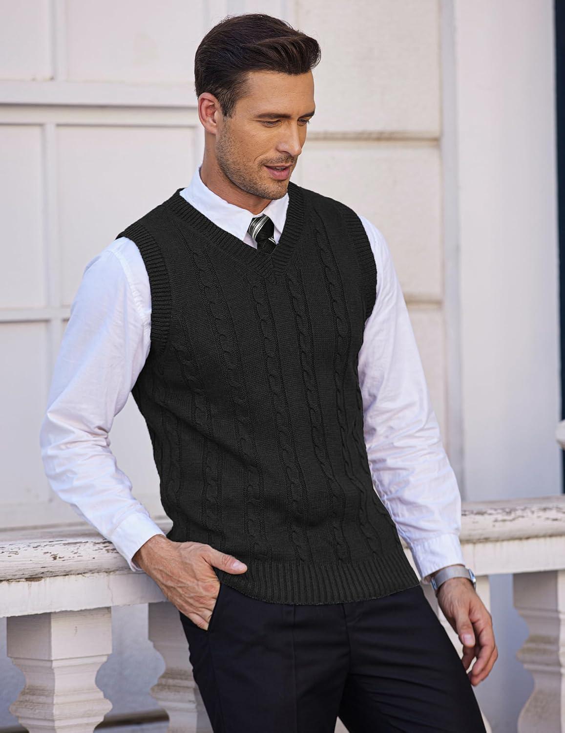 imageCOOFANDY Mens Sweater Vest V Neck Slim Fit Casual Sleeveless Twisted Knitted Pullover SweaterSolid Black