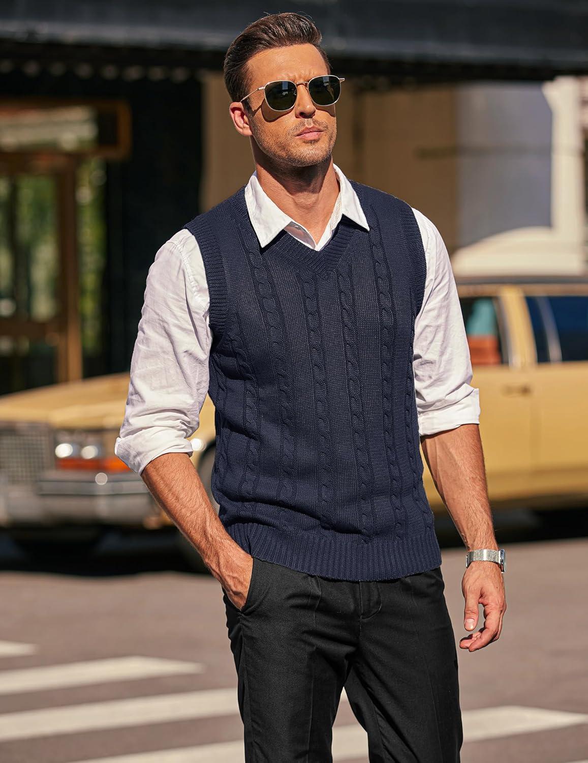 imageCOOFANDY Mens Sweater Vest V Neck Slim Fit Casual Sleeveless Twisted Knitted Pullover SweaterSolid Navy Blue