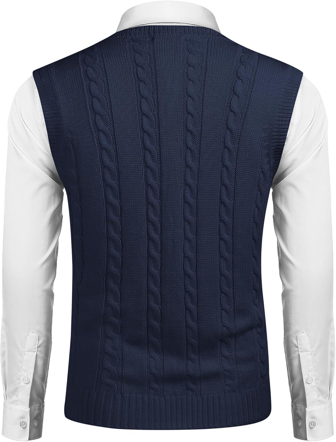 imageCOOFANDY Mens Sweater Vest V Neck Slim Fit Casual Sleeveless Twisted Knitted Pullover SweaterSolid Navy Blue