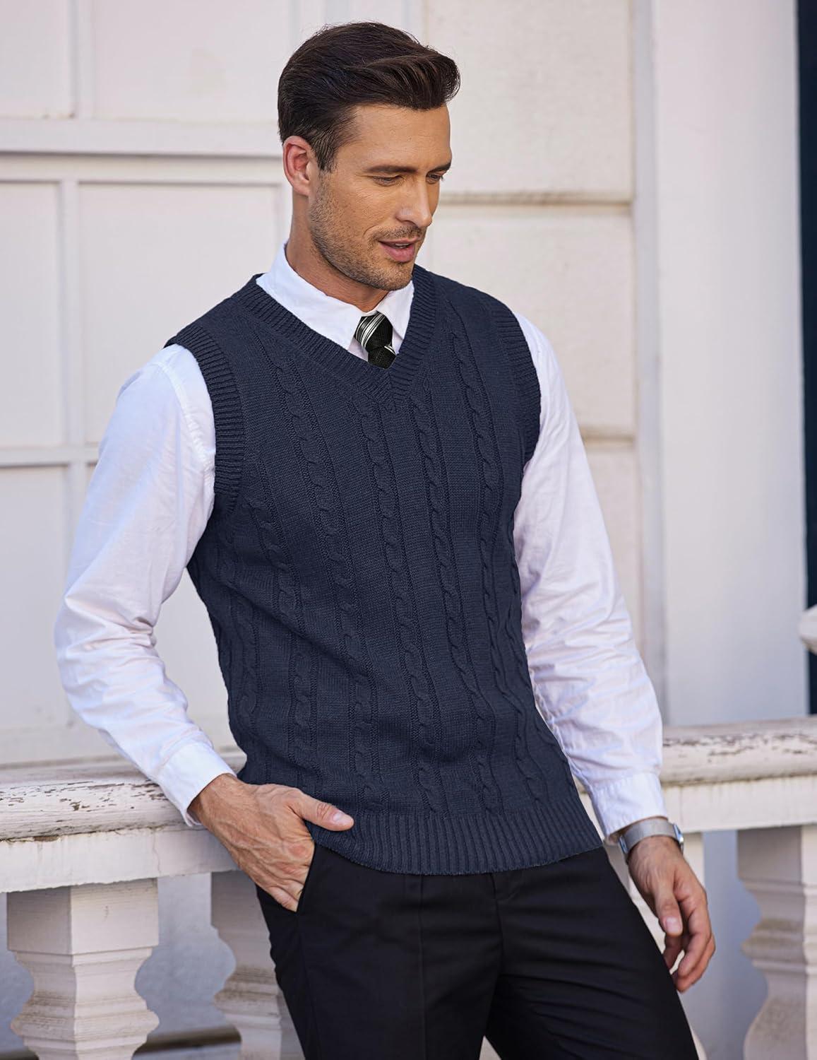 imageCOOFANDY Mens Sweater Vest V Neck Slim Fit Casual Sleeveless Twisted Knitted Pullover SweaterSolid Navy Blue