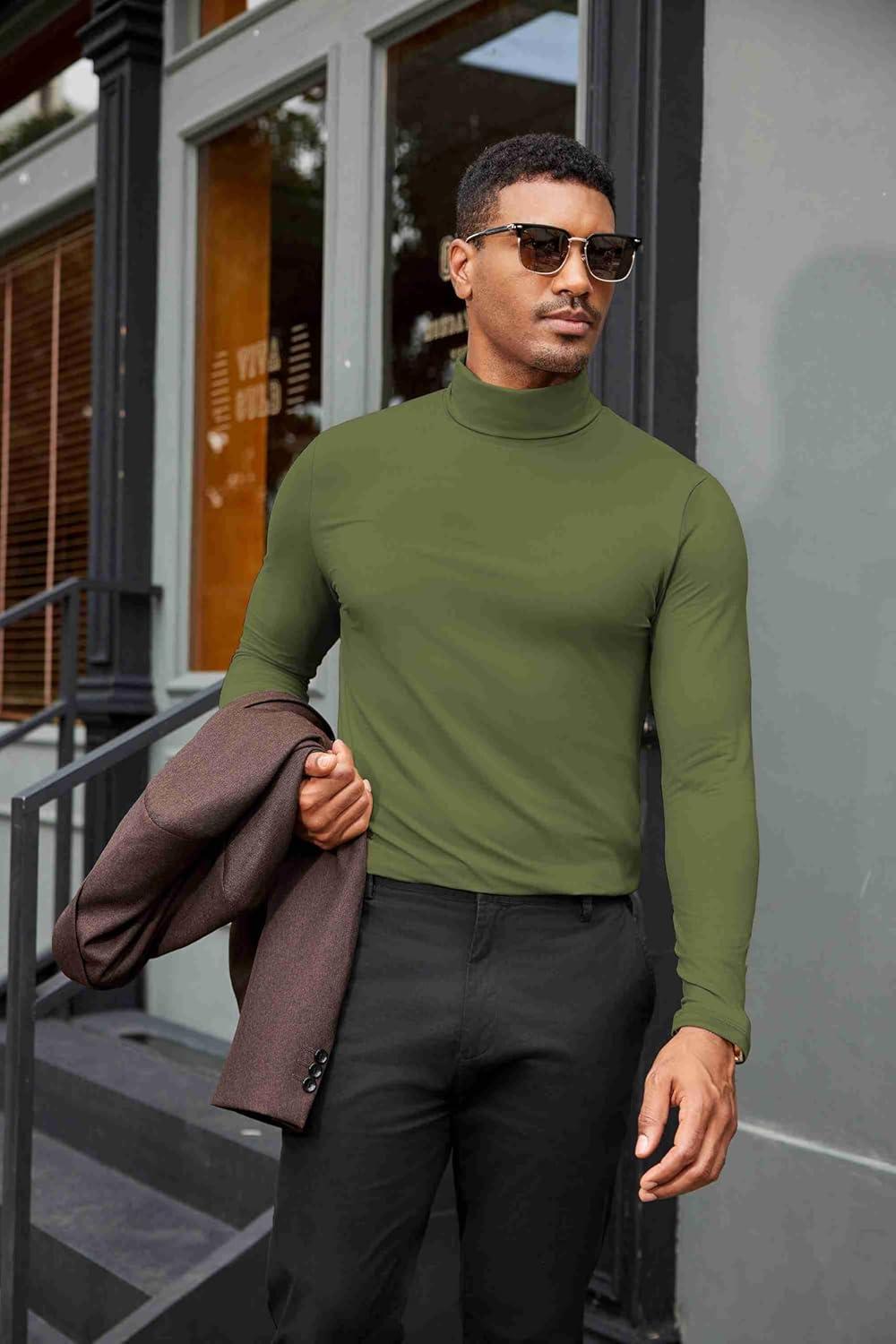 imageCOOFANDY Mens Turtleneck Shirts Slim Fit Shirt Tops Lightweight Pullover Thermal Sweater Casual Long Sleeve ShirtArmy Green