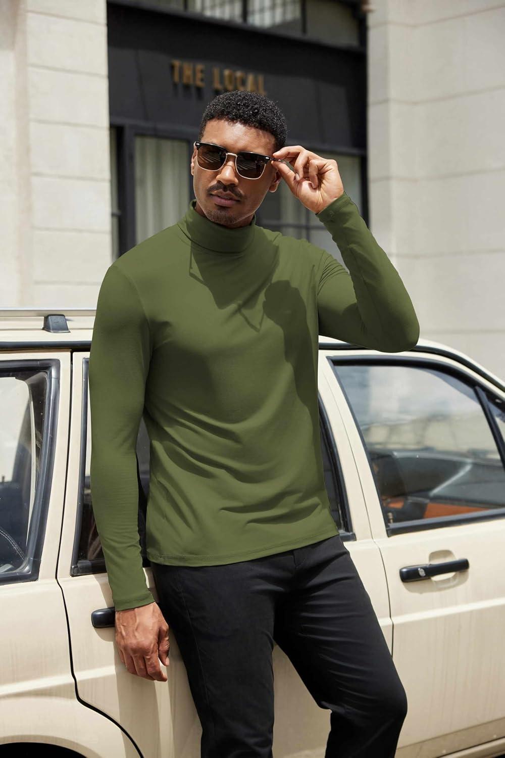 imageCOOFANDY Mens Turtleneck Shirts Slim Fit Shirt Tops Lightweight Pullover Thermal Sweater Casual Long Sleeve ShirtArmy Green