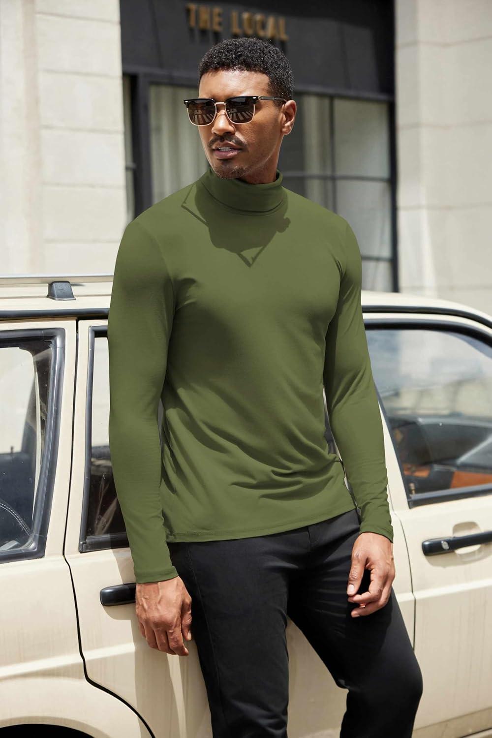imageCOOFANDY Mens Turtleneck Shirts Slim Fit Shirt Tops Lightweight Pullover Thermal Sweater Casual Long Sleeve ShirtArmy Green
