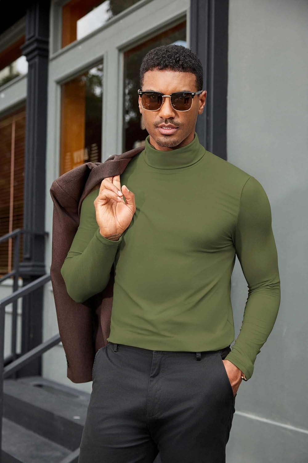 imageCOOFANDY Mens Turtleneck Shirts Slim Fit Shirt Tops Lightweight Pullover Thermal Sweater Casual Long Sleeve ShirtArmy Green