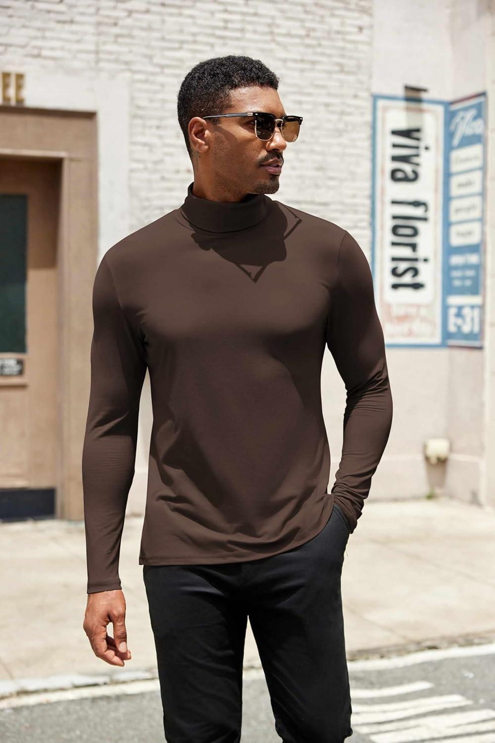 imageCOOFANDY Mens Turtleneck Shirts Slim Fit Shirt Tops Lightweight Pullover Thermal Sweater Casual Long Sleeve ShirtDark Brown