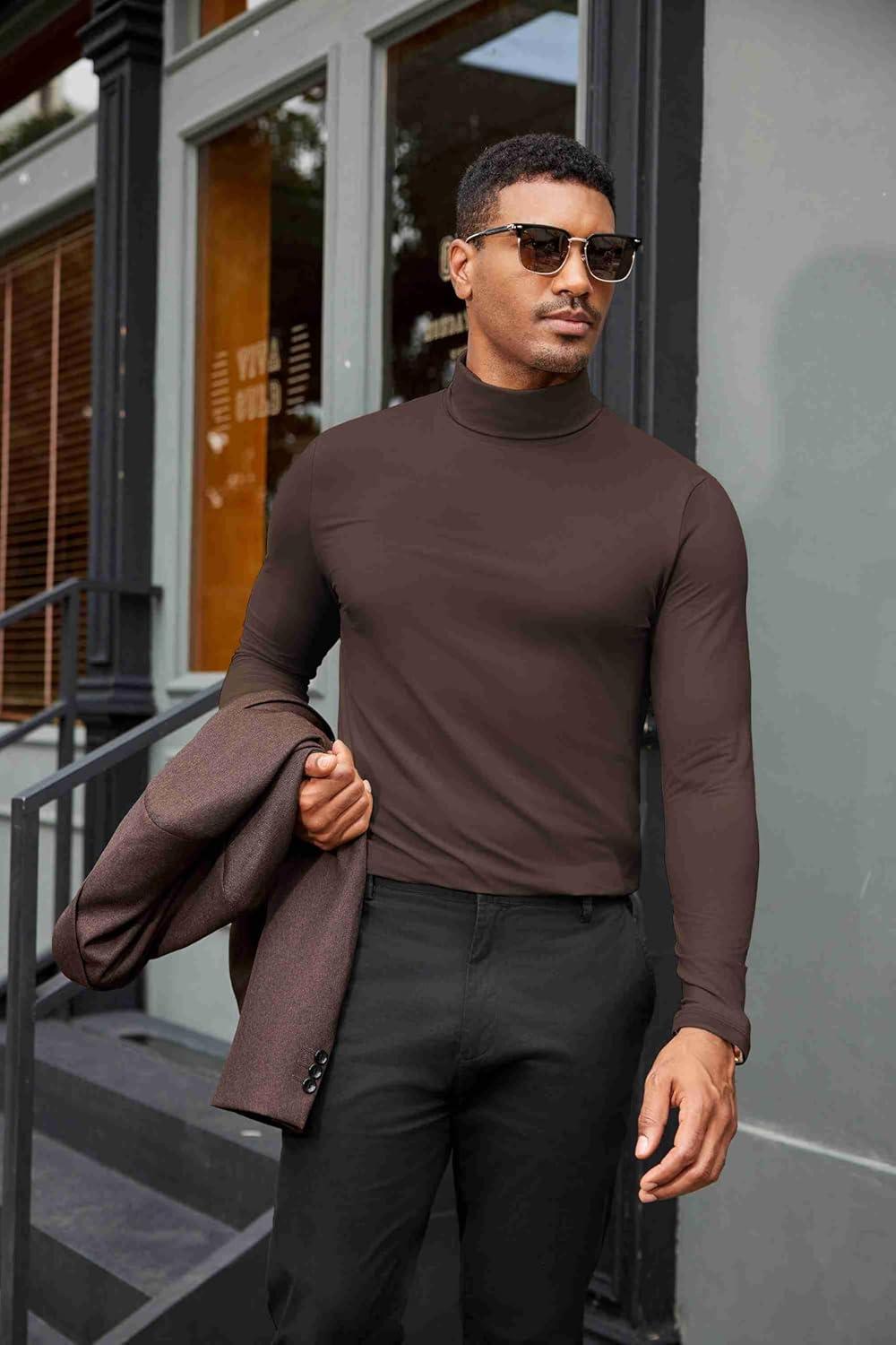 imageCOOFANDY Mens Turtleneck Shirts Slim Fit Shirt Tops Lightweight Pullover Thermal Sweater Casual Long Sleeve ShirtDark Brown