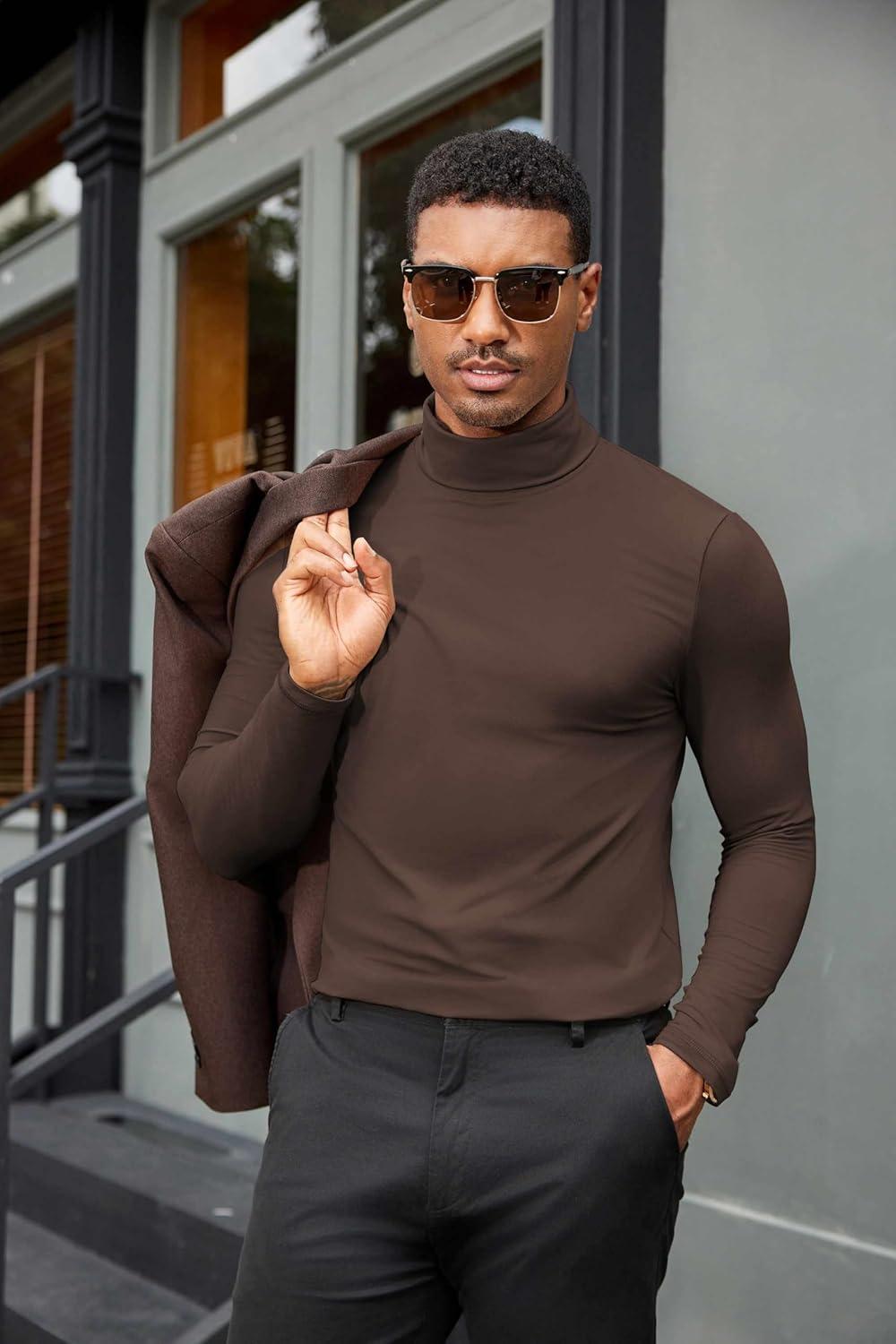 imageCOOFANDY Mens Turtleneck Shirts Slim Fit Shirt Tops Lightweight Pullover Thermal Sweater Casual Long Sleeve ShirtDark Brown
