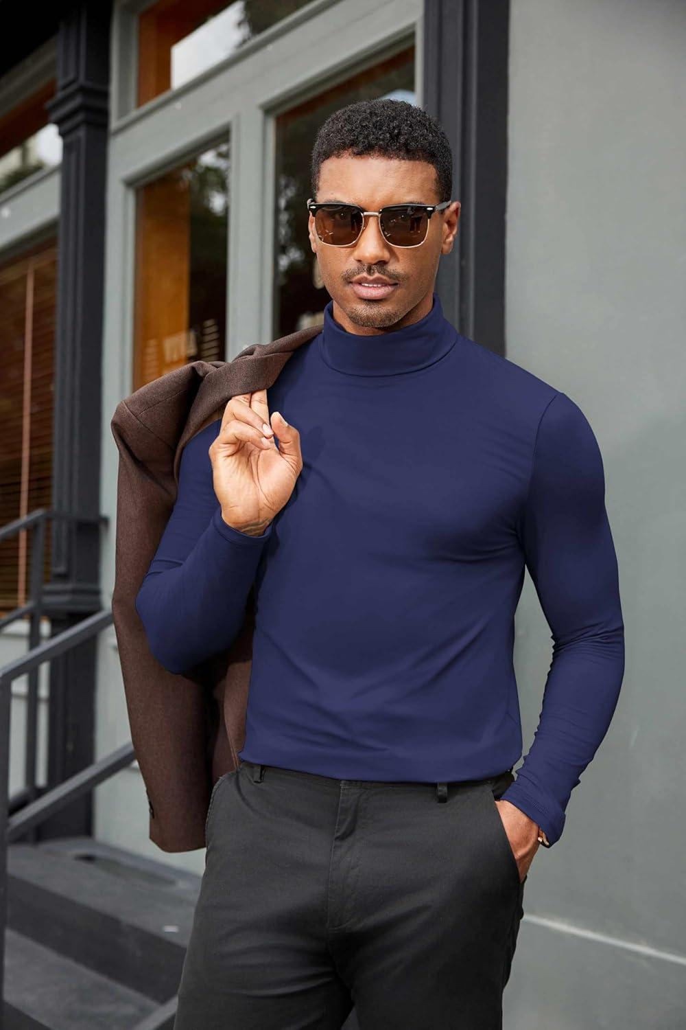 imageCOOFANDY Mens Turtleneck Shirts Slim Fit Shirt Tops Lightweight Pullover Thermal Sweater Casual Long Sleeve ShirtDark Navy
