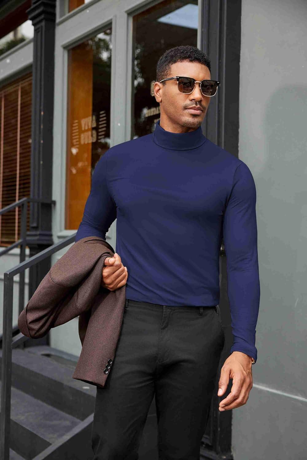 imageCOOFANDY Mens Turtleneck Shirts Slim Fit Shirt Tops Lightweight Pullover Thermal Sweater Casual Long Sleeve ShirtDark Navy
