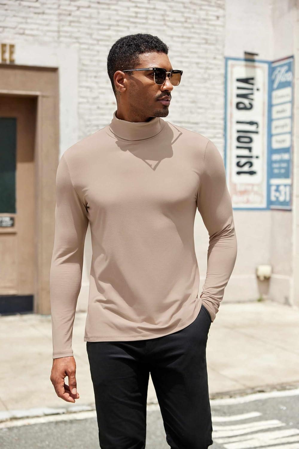 imageCOOFANDY Mens Turtleneck Shirts Slim Fit Shirt Tops Lightweight Pullover Thermal Sweater Casual Long Sleeve ShirtKhaki