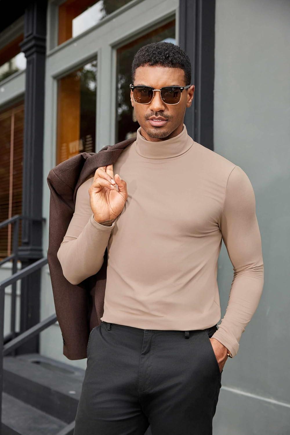 imageCOOFANDY Mens Turtleneck Shirts Slim Fit Shirt Tops Lightweight Pullover Thermal Sweater Casual Long Sleeve ShirtKhaki