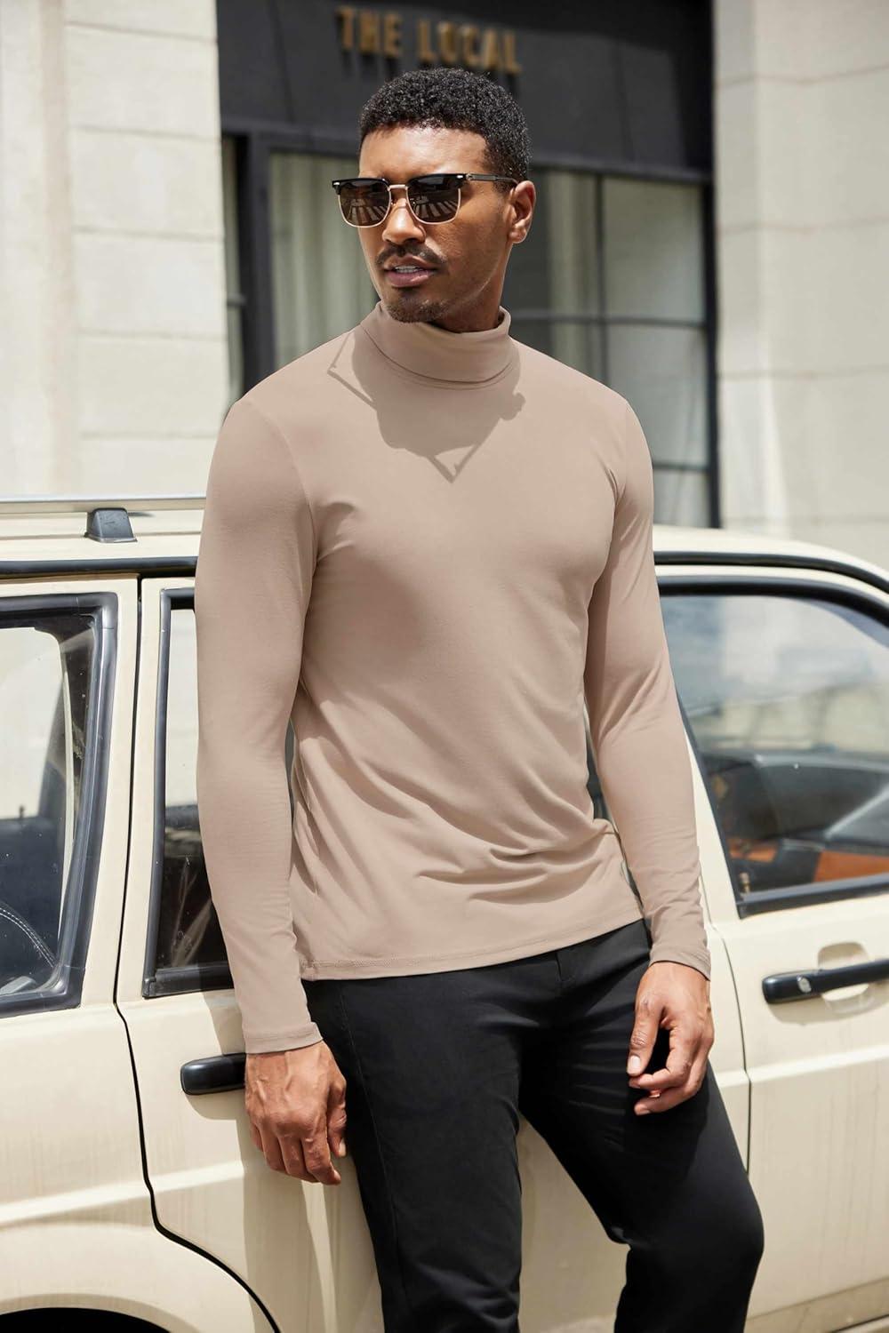 imageCOOFANDY Mens Turtleneck Shirts Slim Fit Shirt Tops Lightweight Pullover Thermal Sweater Casual Long Sleeve ShirtKhaki