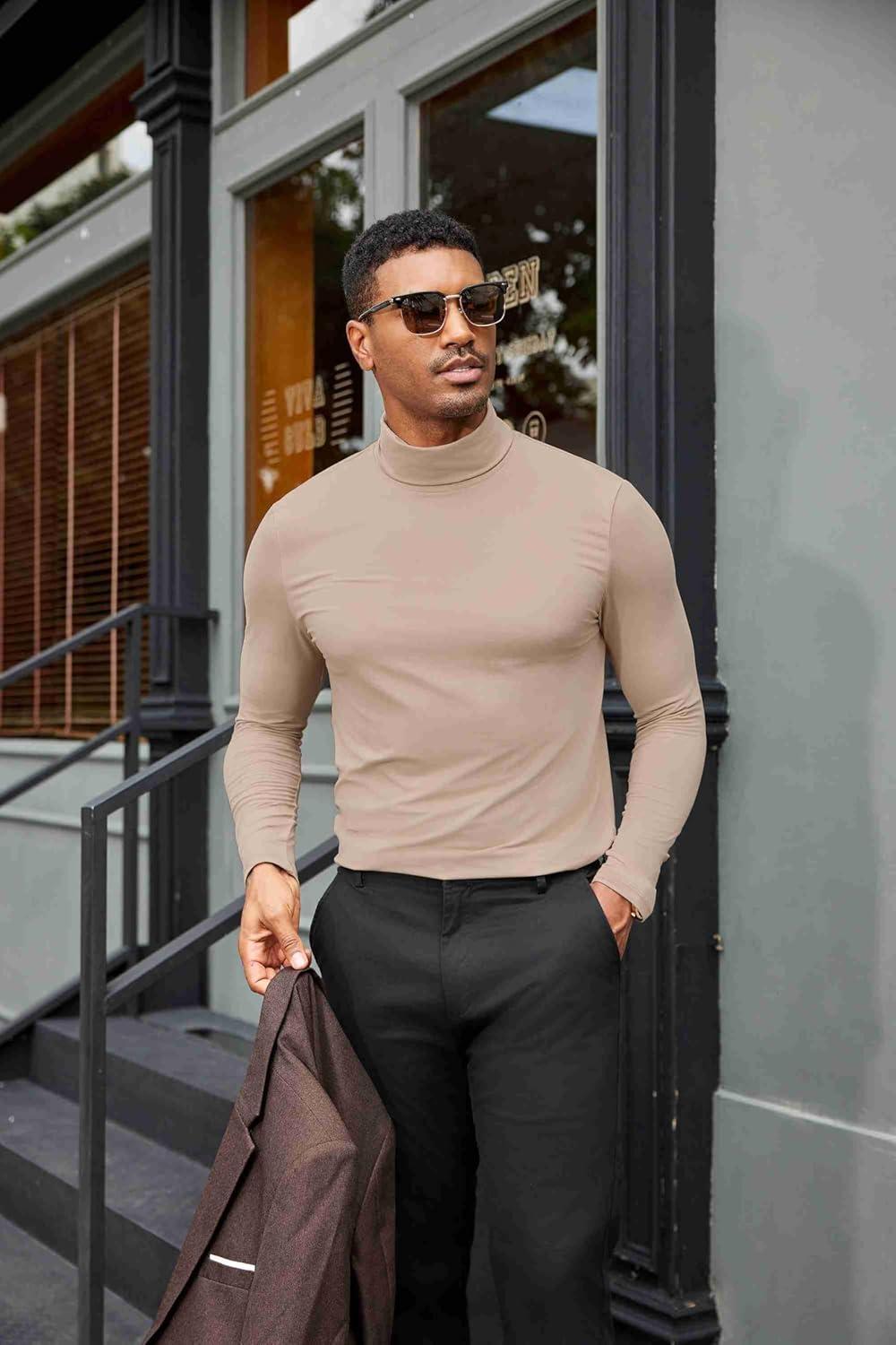 imageCOOFANDY Mens Turtleneck Shirts Slim Fit Shirt Tops Lightweight Pullover Thermal Sweater Casual Long Sleeve ShirtKhaki