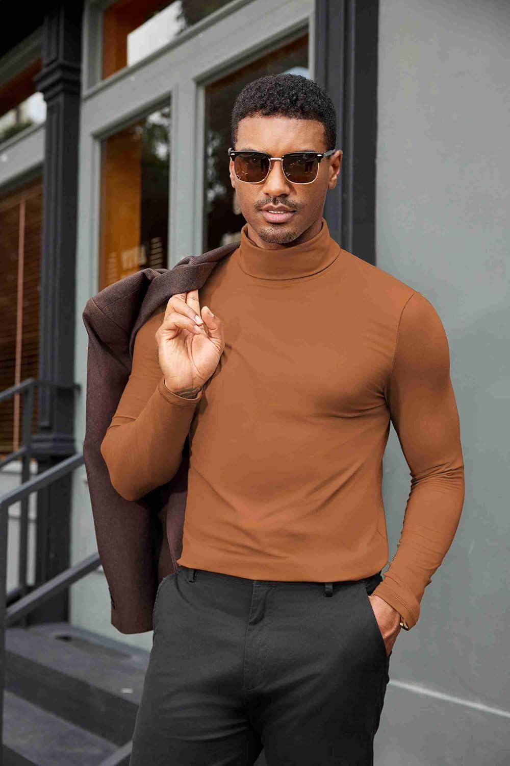 imageCOOFANDY Mens Turtleneck Shirts Slim Fit Shirt Tops Lightweight Pullover Thermal Sweater Casual Long Sleeve ShirtLight Brown